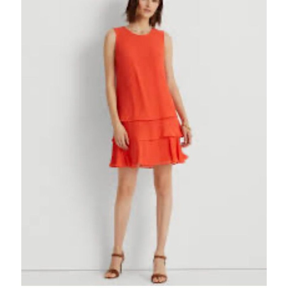 Ralph Lauren Tiered Dress 14 Cherry Red Flutter Career Church Washable NEW